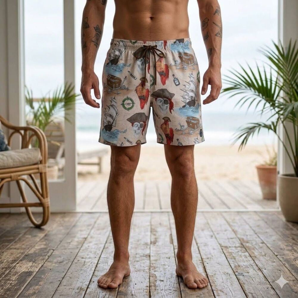 Psycho Tuna Board Shorts Mens XXL Skull Parrot Pirate Swim Trunks Drawstring